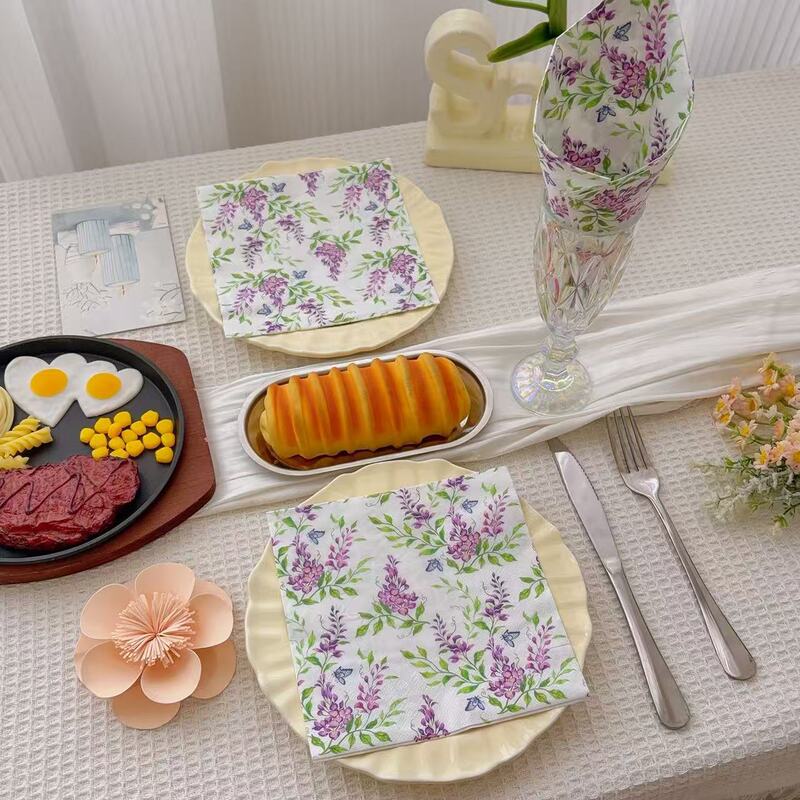 Western Restaurant Square Paper Napkins, Wisteria Flower and Butterfly Printed Napkins, Disposable Paper Napkins for Romantic Proposal Decoration