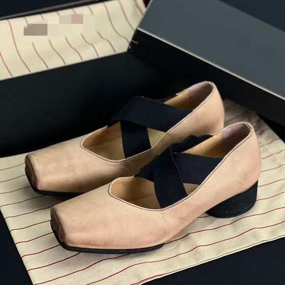 Your Uma Handmade Ballet Shoes Outer Wear Cross-elastic Square Head Washed Leather Middle Heeled Mary Jane Shoes
