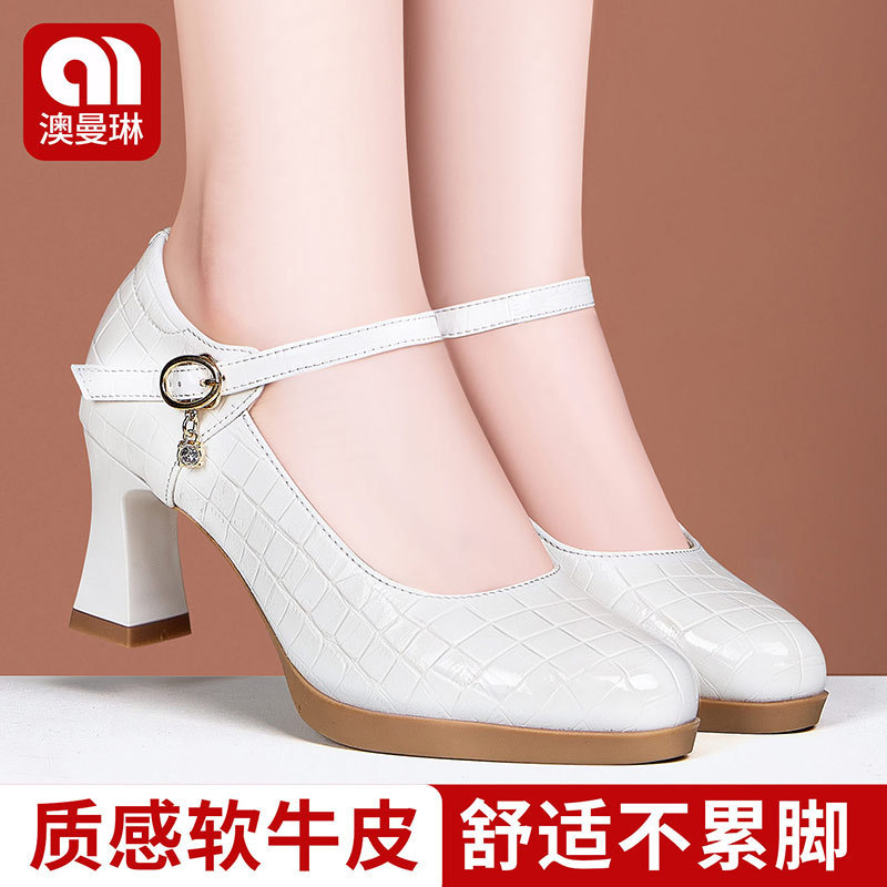 Genuine Leather High-Heeled Shoes for Women, Suitable for Wearing with a Qipao, Model Performance Shoes, Comfortable for Long Standing, Chunky Heel Fashion Single Shoes, Runway Shoes