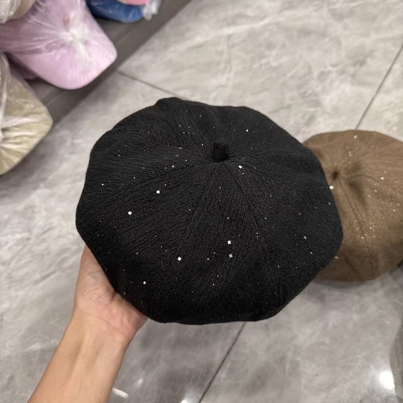 秋冬百搭保暖亮片毛呢贝雷帽子女时尚闪亮显瘦时装帽南瓜帽画家帽|undefined