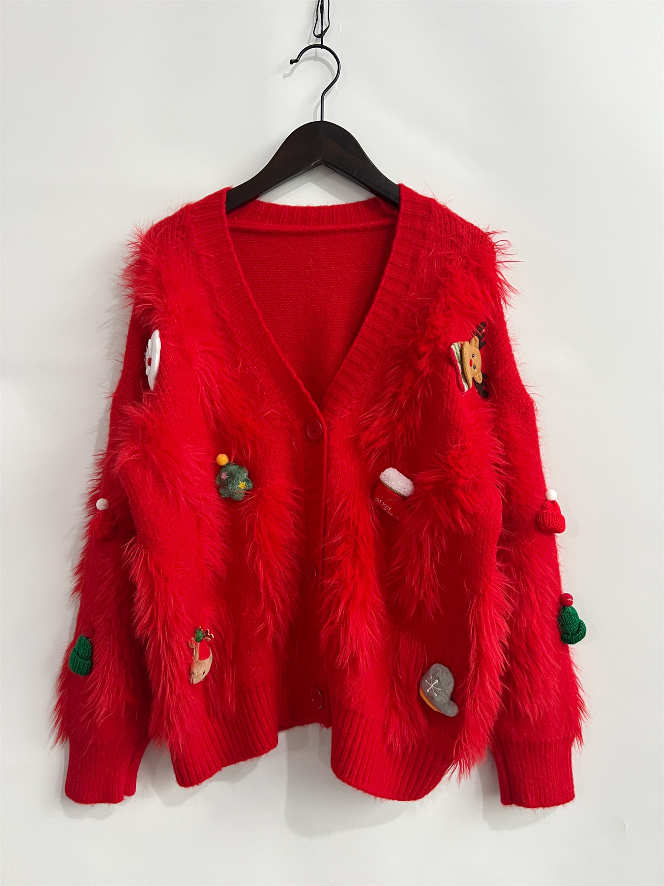 Abbigliamento da donna Maglione rosso di Natale per Capodanno in velluto di visone Decorazione natalizia tridimensionale Giacca cardigan monopetto per donna_voghion.com