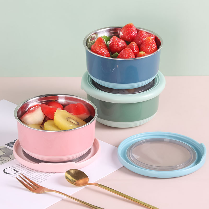 Refrigerator Fresh-Keeping Stainless Steel Bowl Round Fresh-Keeping Box with Lid Fresh-Keeping Bowl Stainless Steel Bowl Baby Fruit Cut Lunch Box