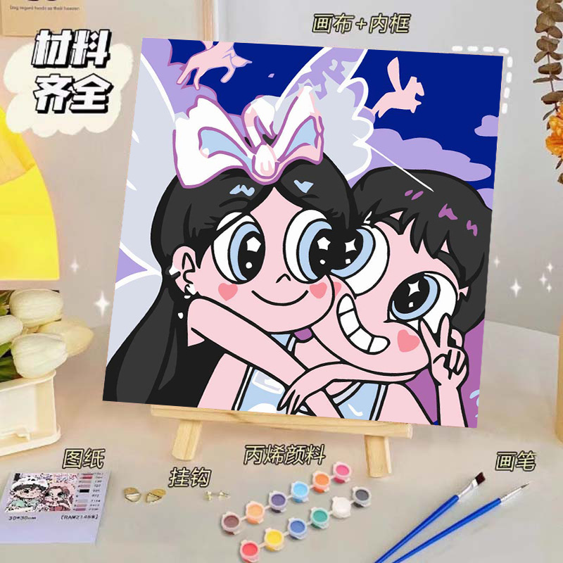 Pintura al óleo digital de bricolaje, dibujos animados para niños, pinturas para colorear hechas a mano, lindos puestos de animación curativos, comercio exterior transfronterizo