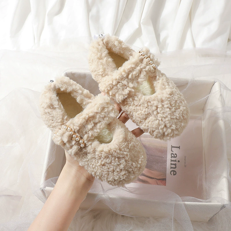 Волосатые туфли для девочек носят на улице 2024 новый зимний ребенок плюс бархатная бобовая обувь модная мягкая подошва нескользящая хлопковая обувь