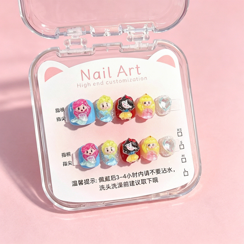 Cartoon Little Princess Children's Handmade Wearable Nails, Wholesale Nail Art for Girls, Removable Anti-Bite Nail Tips