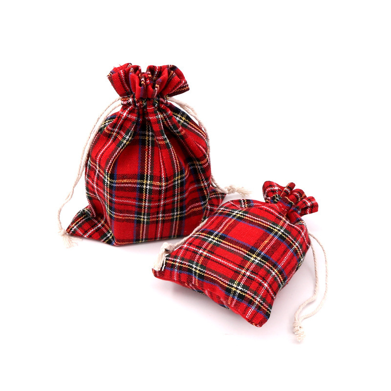 2025圣诞礼品袋红色格子棉布袋首饰礼品束口包装袋糖果抽绳收纳袋