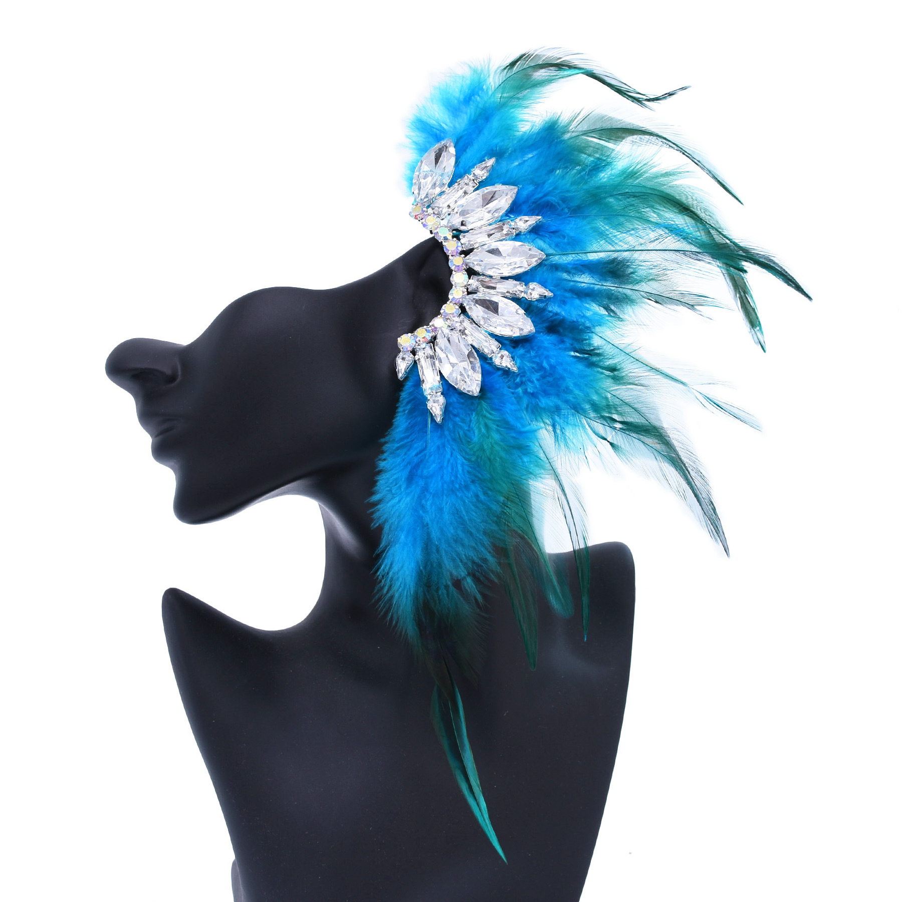 Cross-Border New Heavy-Duty Fan-Shaped Feather Earrings Bohemian Style Fashionable Exaggerated Rhinestone Earrings Without Pierced Earrings
