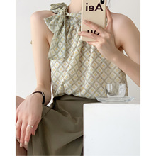 无袖格子衬衫2025夏装气质宽松收腰显瘦露肩法式雪纺削肩挂脖上衣