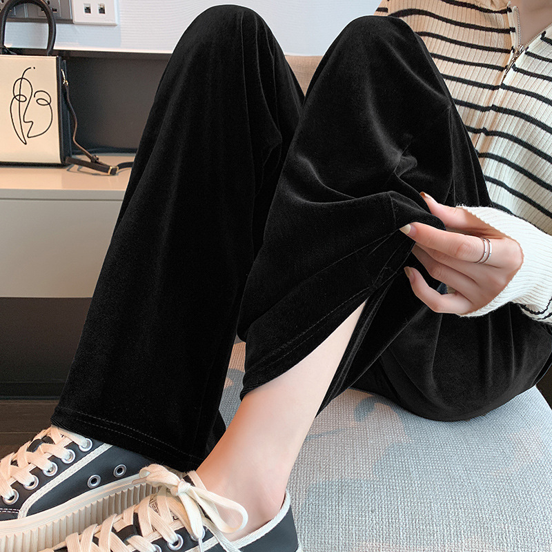 Velvet Wide-Leg Pants for Women 2026 Spring/Summer High-Waisted Drapey Black Floor-Length Loose Straight-Leg Casual Pants for Petite Figures