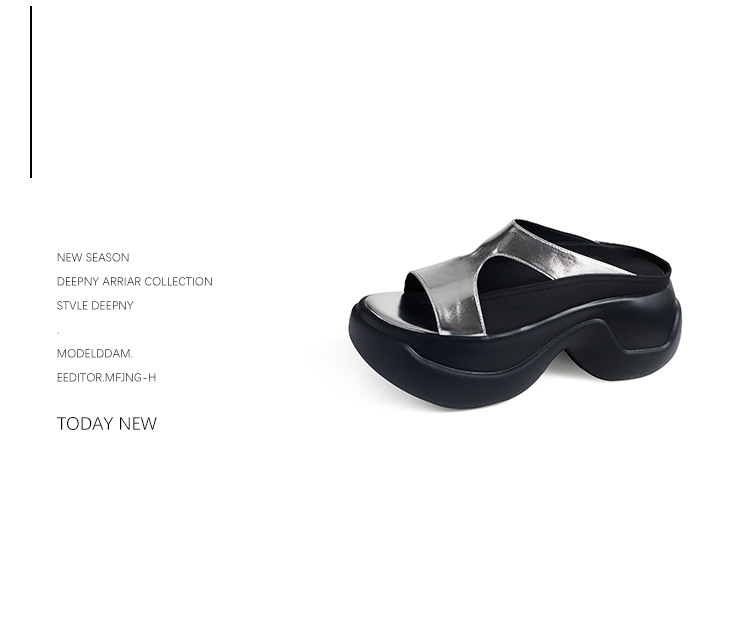 Dép xỏ ngón nữ đế dày da thật 8cm phong cách platform hở mũi — đen, bạc chi tiết 10
