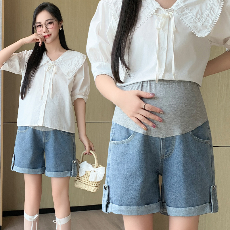 Maternity shorts for women, summer outerwear, thin denim wide-leg pants, casual maternity jeans, trendy versatile high-waisted pants Maternity shorts for women, summer outerwear, thin denim wide-leg pants, casual maternity jeans, trendy versatile high-waisted pants