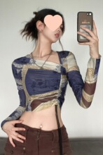 欧美洋气油画印花抽绳显瘦长袖恤女性感百搭小众上衣