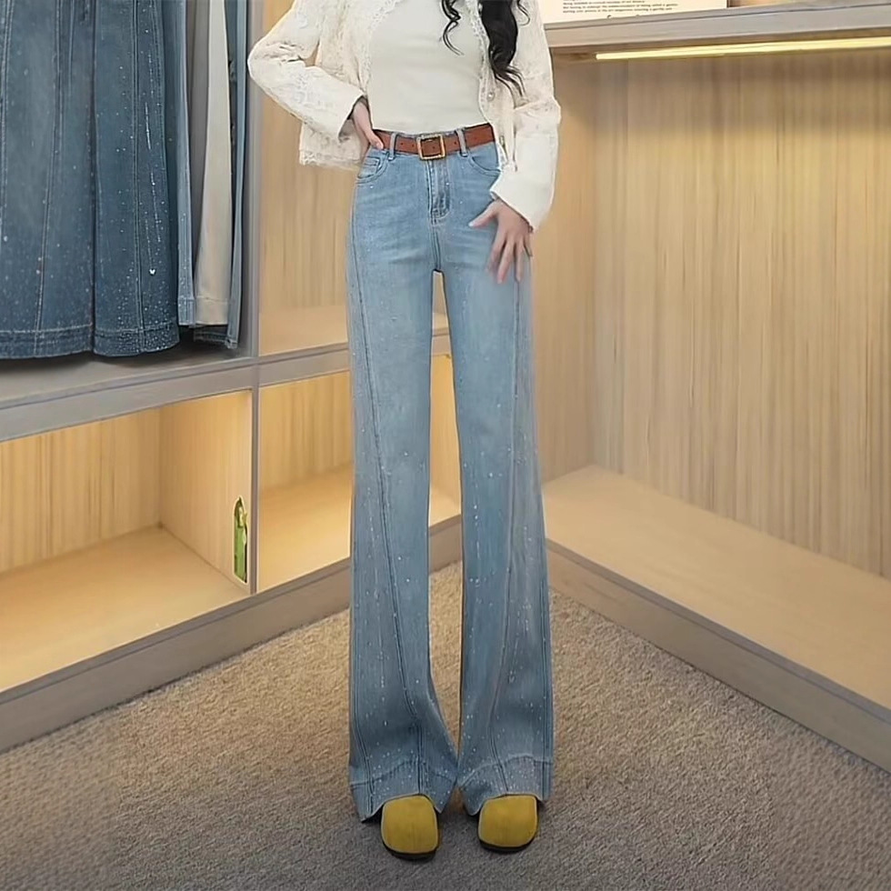 Plus Size Retro Rhinestone Stretch Jeans for Women Spring Summer High Waist Slimming Non-Stick Leg Bootcut Flared Pants