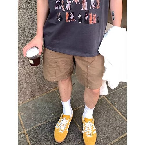 Vintage American Metal Button Decor Work Pants for Men Trendy Cool Casual Five-Finger Pants INS