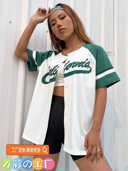 Amazon Cross-Border T-Shirt Export Sports Baseball Uniform Women's Cheerleader Cardigan Short-Sleeved Loose European and American Cartoon Print