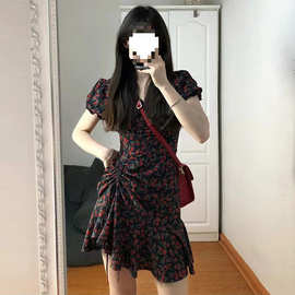 早春新款复古浪漫气质显瘦小个子2025抽绳夏季短袖碎花连衣裙女潮