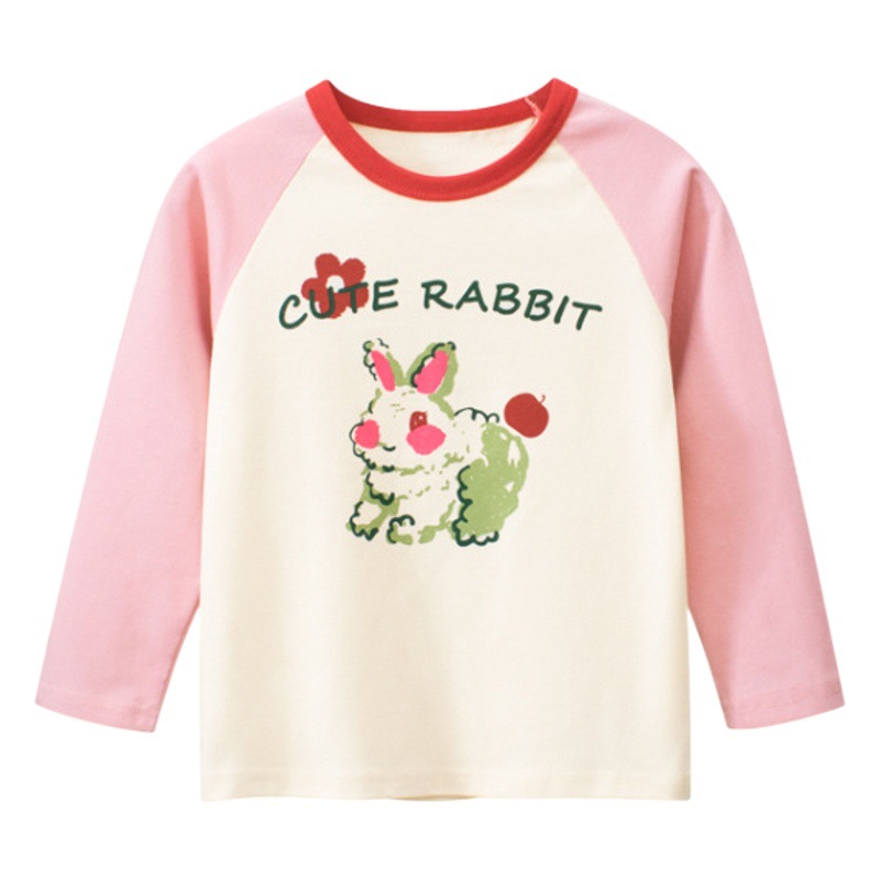 2023 otoño lindo impreso contraste color bottoming camisa de una sola pieza entrega 27 ropa de hogar para niños Camiseta de manga larga para niñas de estilo coreano