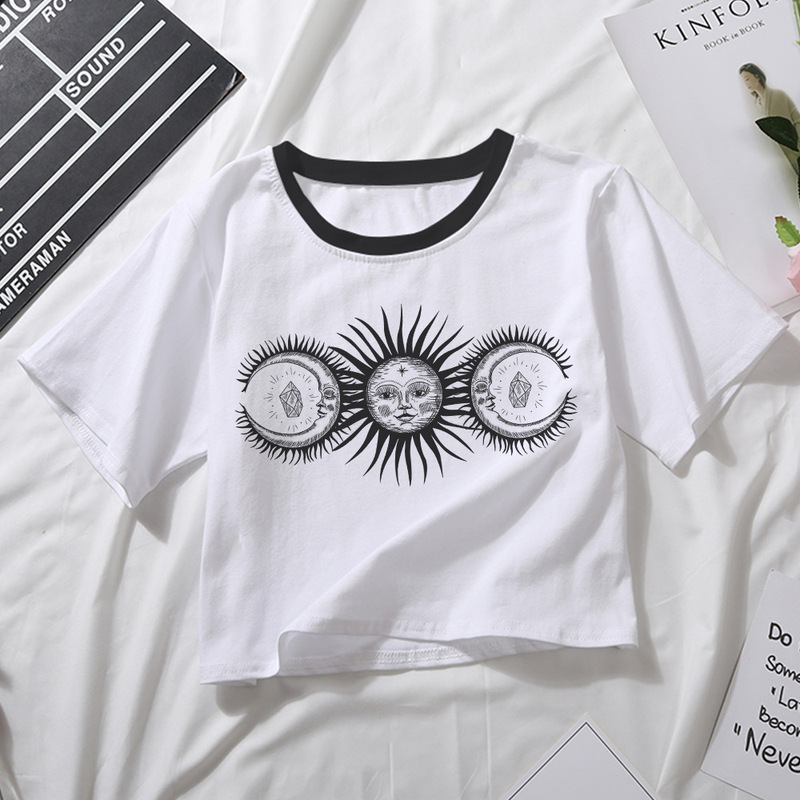 Sun Sexy Cropped T shirt summer Sexy Sun print short suit navel white T-shirt for women