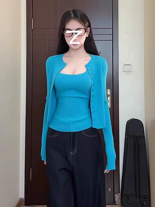韩系纯欲辣妹针织开衫配小吊带两件套女春秋季百搭修身显瘦上衣潮|undefined