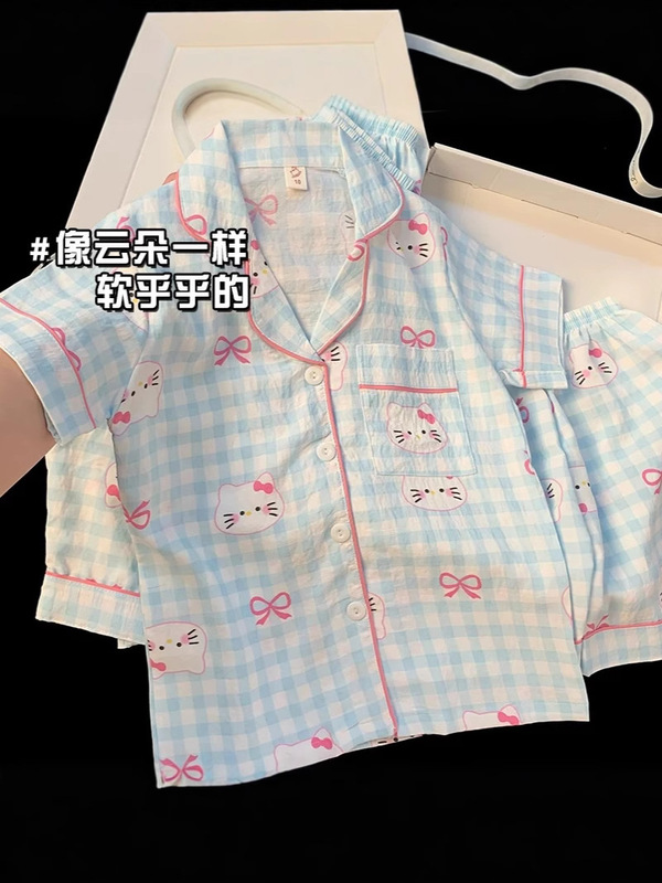 クラウドコットン女の子カーディガンパジャマ夏少女半袖漫画 KT 猫スーツ子供のホーム服は屋外で着用できます|undefined