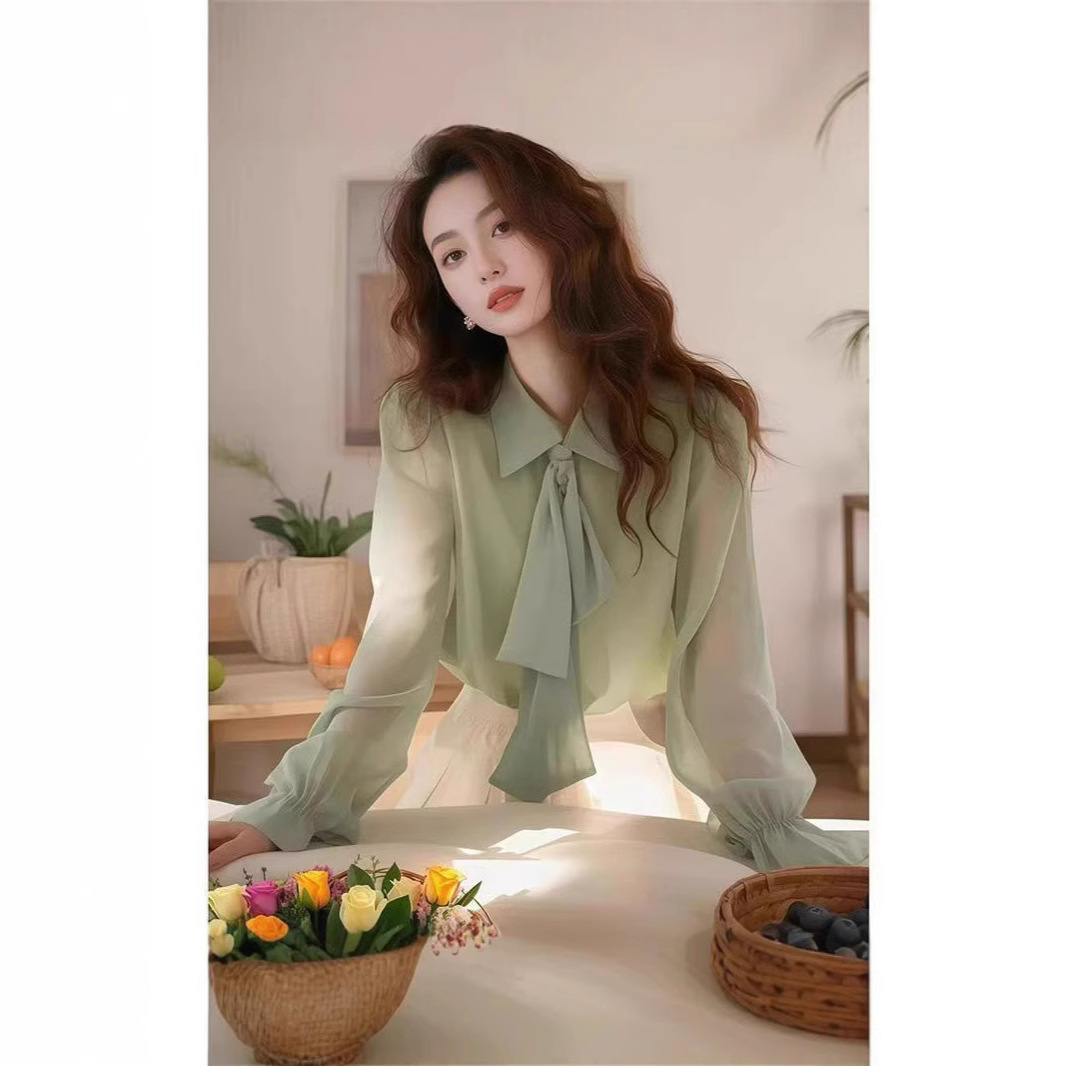 2025 봄 새로운 패션 기질 녹색 활 긴 소매 셔츠 여성용 쉬폰 슈퍼 잘 생긴 전문 탑