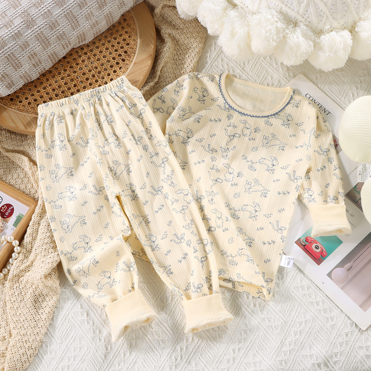 Ropa de otoño de algodón para niños, pantalones largos, pijamas de algodón con tiras verticales deshuesadas para bebés, ropa a domicilio para niños grandes, traje de dibujos animados para niñas