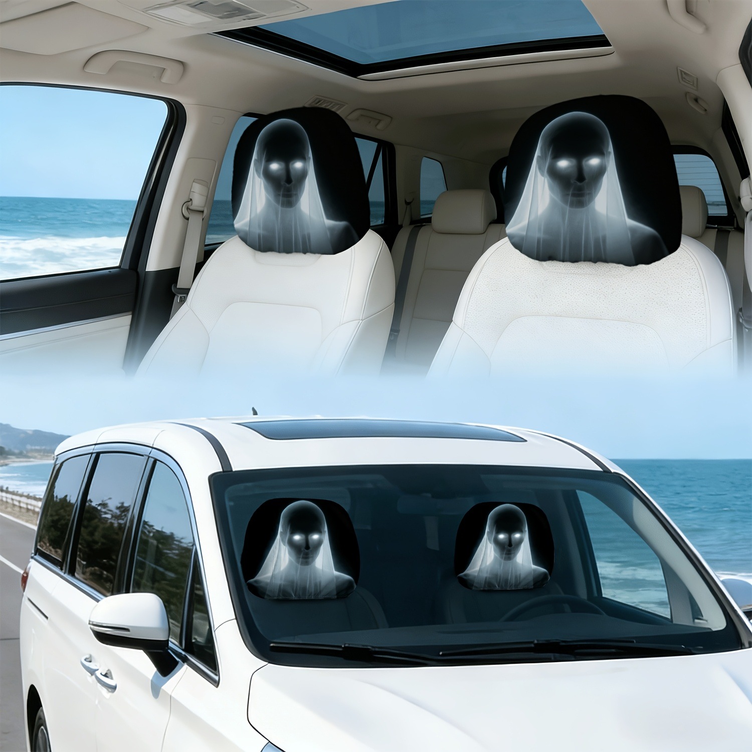 Car Headrest Cover with Ghost Bride and Glowing Eyes, Personalized Print, Universal for Car Interiors, Can Be Labeled and Shipped on Behalf of Others, Made According to Your Image