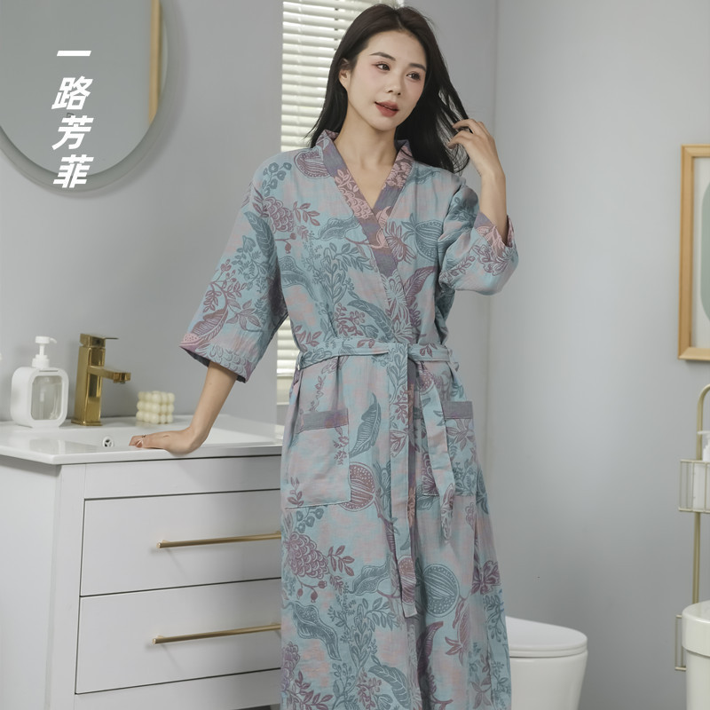 薄款纯棉浴袍色织提花双层纱布国风复古中式浴衣睡衣女吸水可外穿|undefined