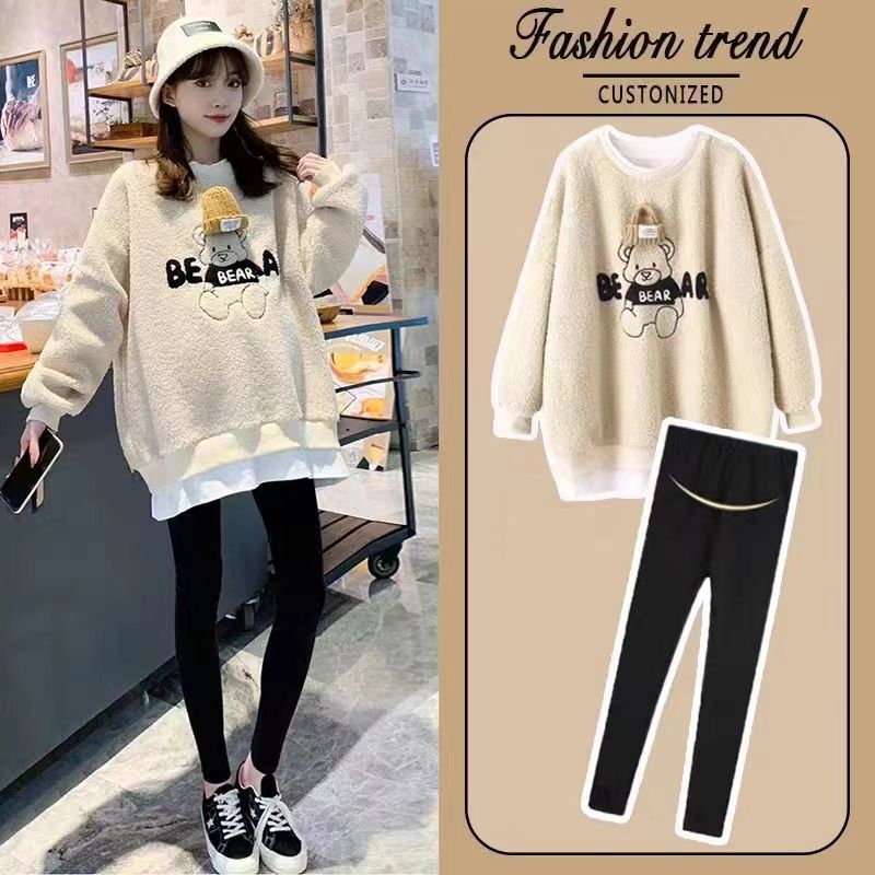 Maternity Winter suit Fashion Late Pregnancy Fake Two-piece fleece-lined Sweat Autumn and Winter Small Top Two-piece Set