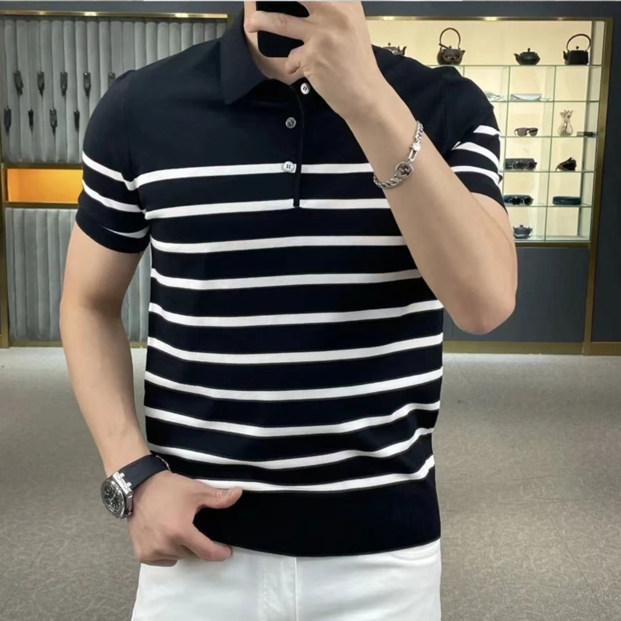 24 New Summer Knitted Casual Men's Tops Lel Black and White Striped Colorblock Short-sleeved T-shirt Young and Middle-aged Trend