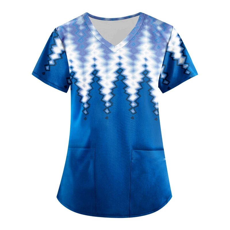 2024 Summer Cross-Border Foreign Trade V-Neck Pocket T-Shirt Short Sleeve Nurse Uniform Irregular Pattern 3D Print Women's Clothing