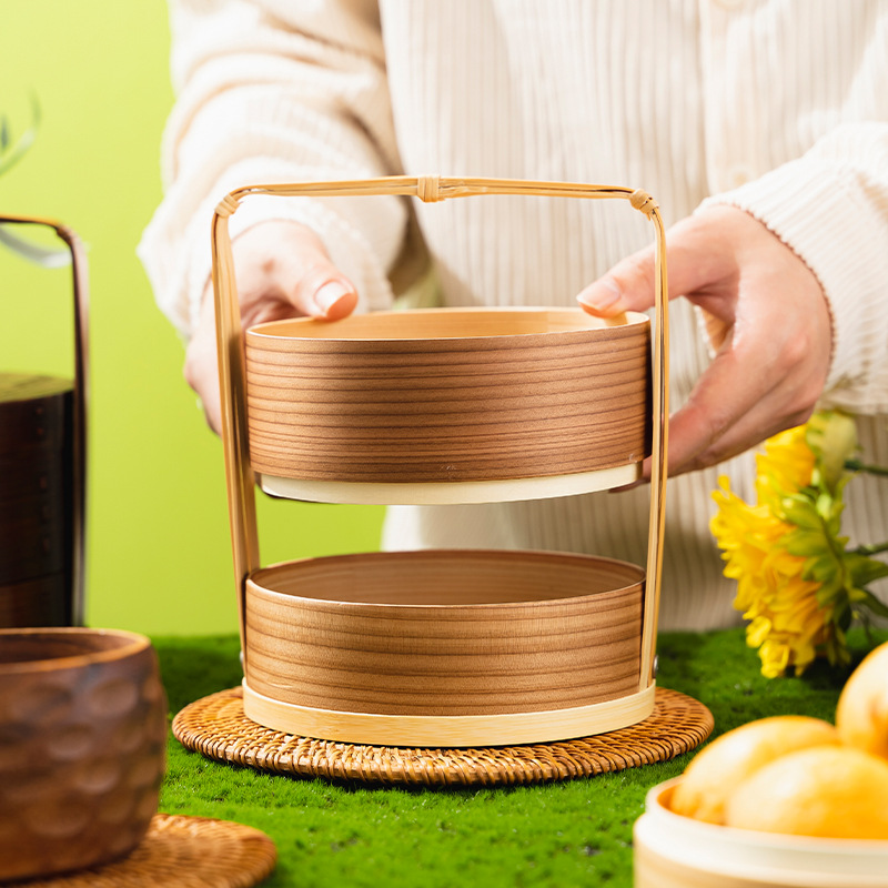 Fábrica al por mayor cesta de mano de madera para el hogar en capas caja de fruta fresca vintage caja de pastelería japonesa vajilla