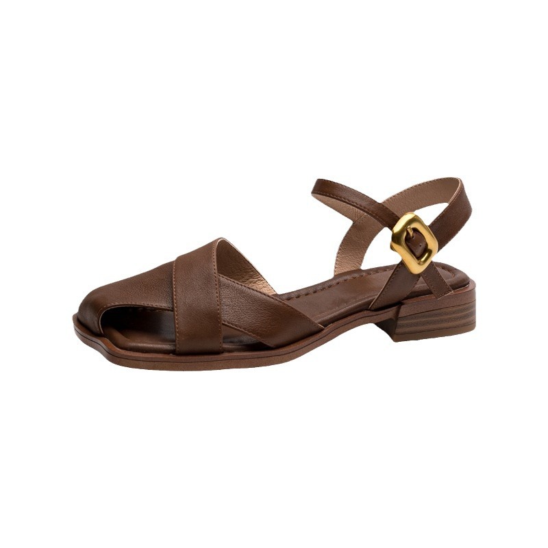 Sandal nữ da bò bít mũi quai ngang đế bằng — Màu nâu