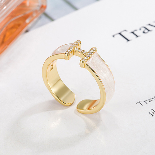 Letter H ring~white oil-dropping zircon high-end opening niche French temperament ring index finger ring for women 