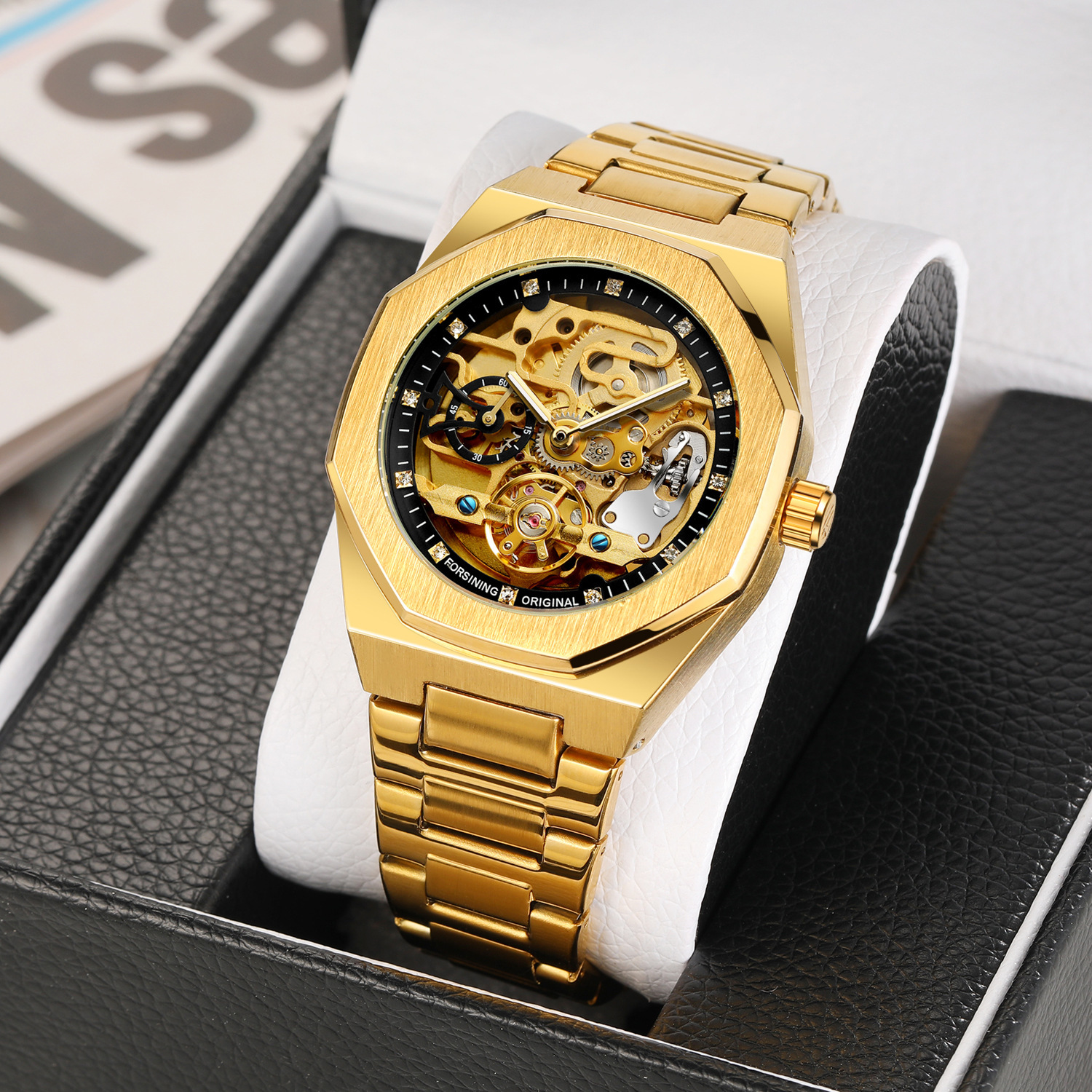 Forsining/fusini hombres casual reloj hueco volante automático reloj mecánico rhinestone hombres