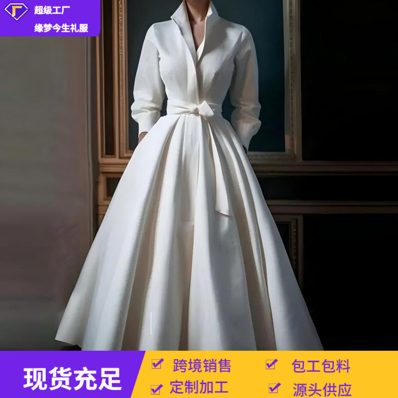 French Style Light Wedding Dress Bridal AliExpress Vintage Simple Mori Style Set Collar Long Elegant V-neck Outgoing Evening Dress for Women