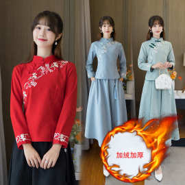2024新款加绒加厚民国风女装中式唐装上衣禅意茶服古风旗袍工作服