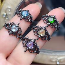 独特个性黑金戒指天然彩宝925银镶嵌紫水晶黄水晶托帕石小众设计