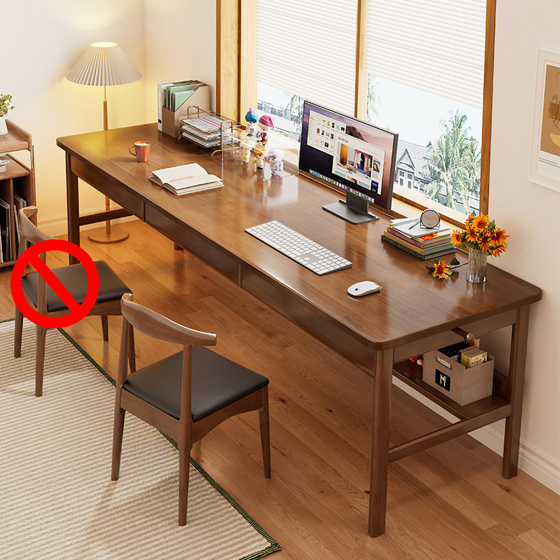 호두 컬러 긴 책상 3 개의 서랍 + 1 개의 의자 [모든 단단한 나무]]