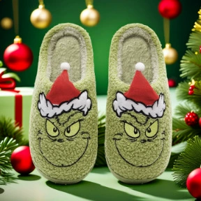 跨境新品圣诞节格林奇绿毛怪棉拖鞋男女情侣款秋冬季毛绒拖鞋现货