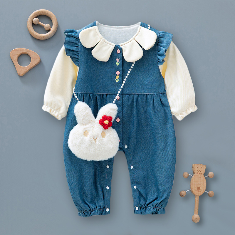 Estilo occidental bebé niña primavera y otoño mono recién nacido doble capa Denim mameluco 0-1 años de edad dulce lindo moda lindo mameluco