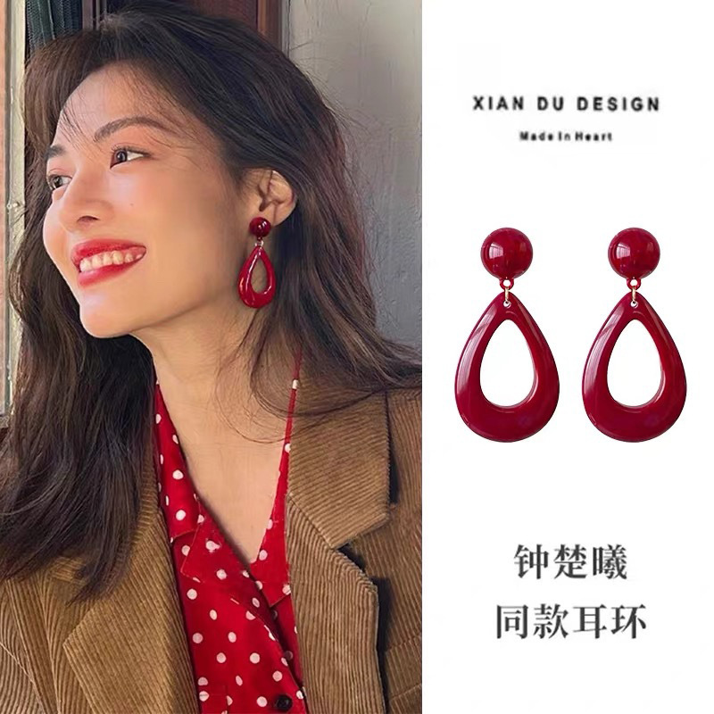 钟楚曦同款复古港风安可拉红耳钉女镂空水滴耳环小众设计夸张耳饰|undefined