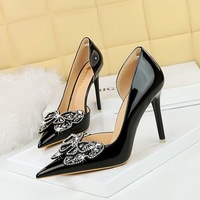 638-H23 European and American Banquet Super High Heel Banquet Women's Shoes Thin Heel Lacquer Leather Shallow Mouth Pointed Rhinestone Bow Tie Single Shoe