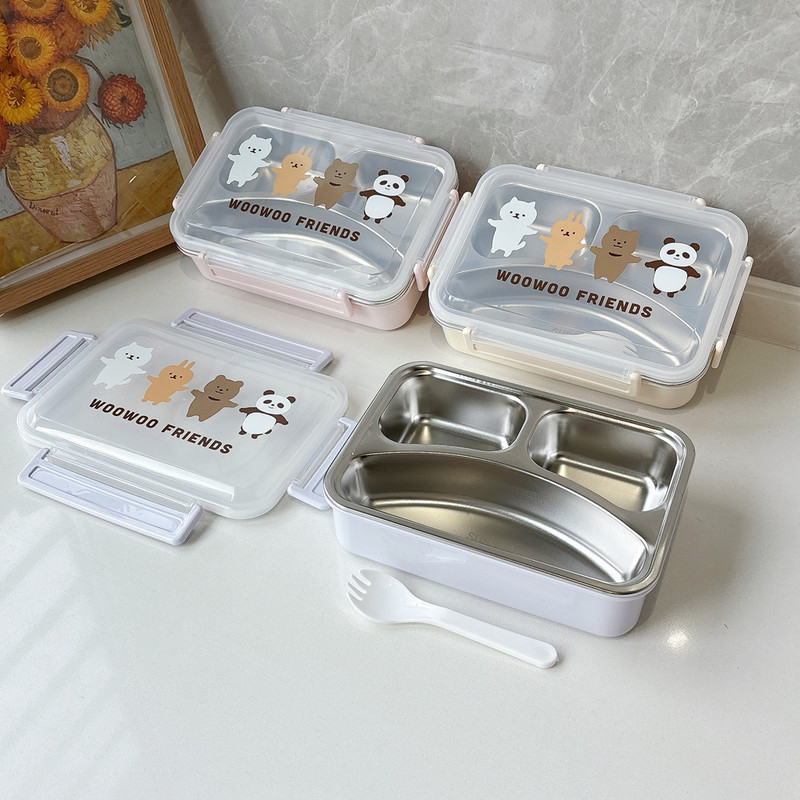 日系卡通304不锈钢饭盒保温加热便当盒饭菜分离带餐具午餐盒批发|undefined