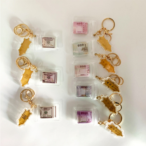 Simulation banknotes (Taiwan Dollar, US Dollar, Korean Won, British Pound) keychain, wealth-bringing token, banknote and coin pendant, decorative accessories