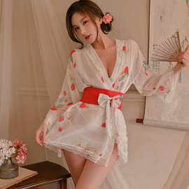 日式樱花和服cos温泉浴袍性感睡衣女夏冰丝v领印花高级感家居睡袍