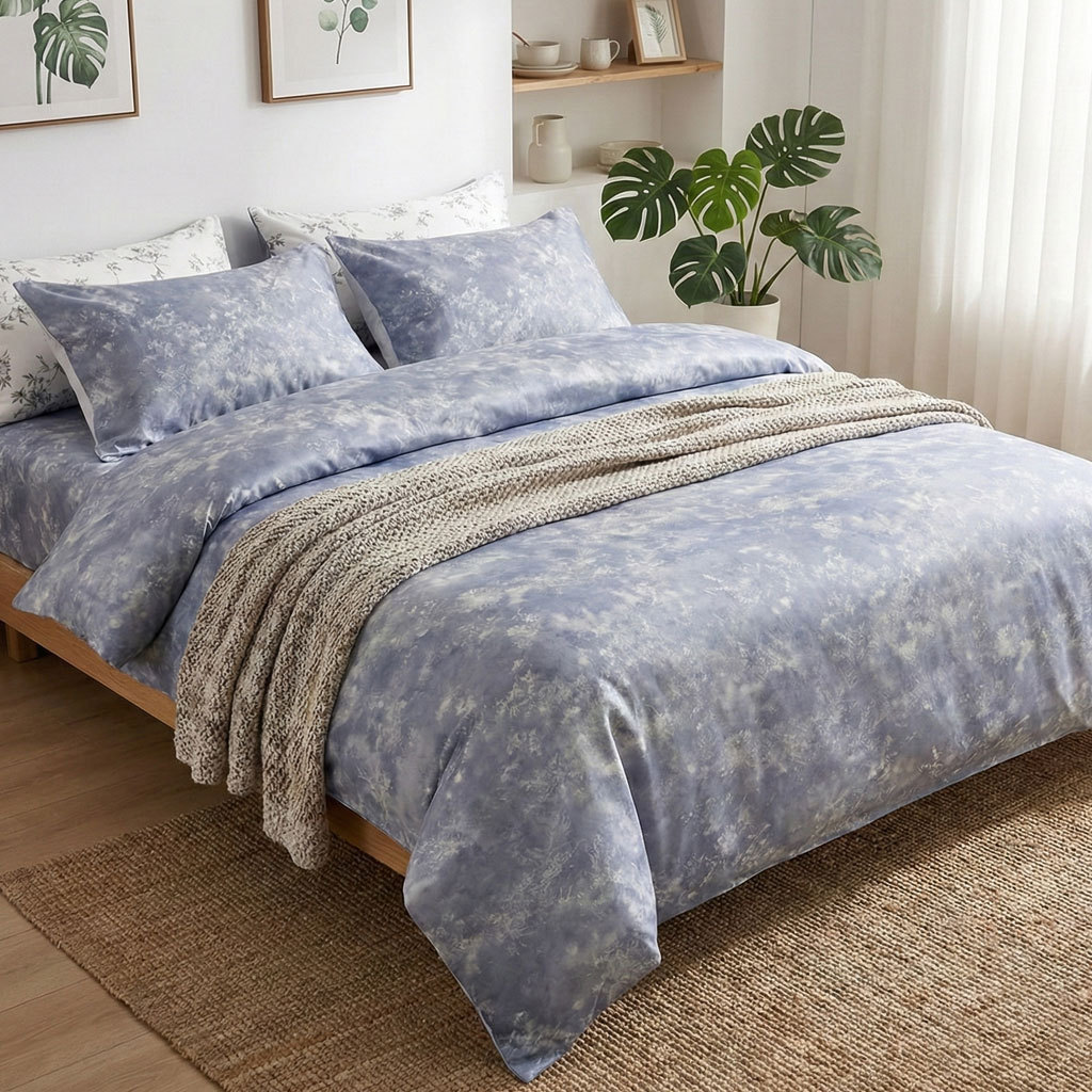 Luz de lujo Tencel Lino conjunto de cuatro piezas estilo pastoral impresión francés lluvia ropa de cama edredón cubierta hoja de cama al por mayor