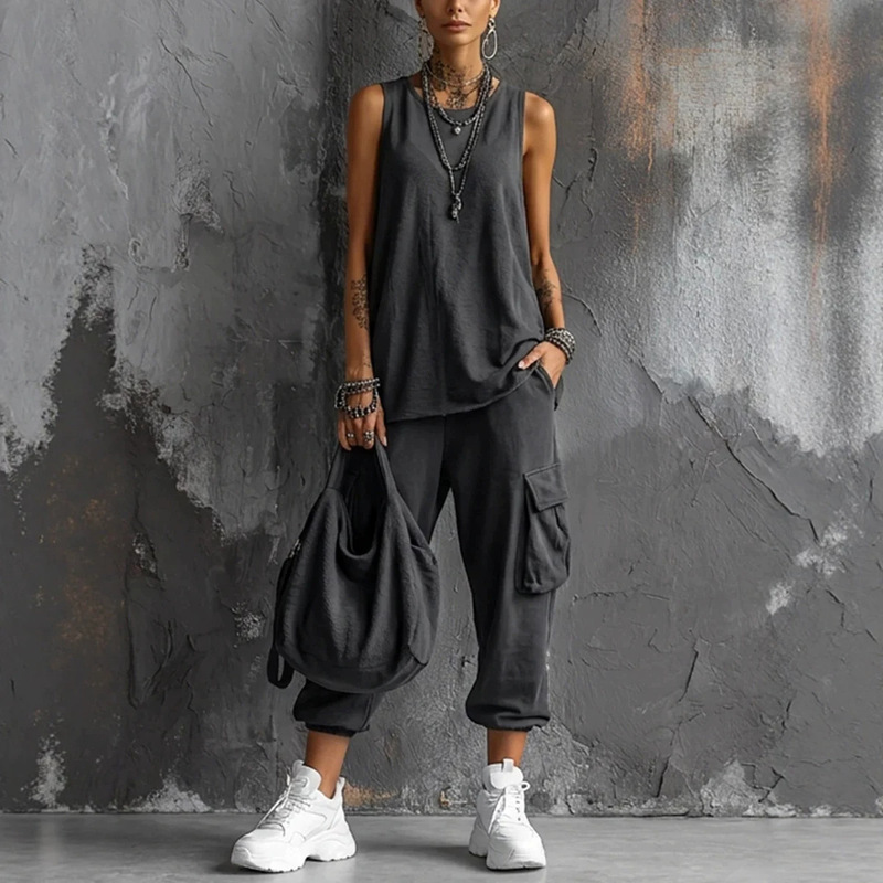 2026 Summer New European and American Style Solid Color Sleeveless Vest and Cargo Pants Set for Women, Loose Casual Fashion Two-Piece Set