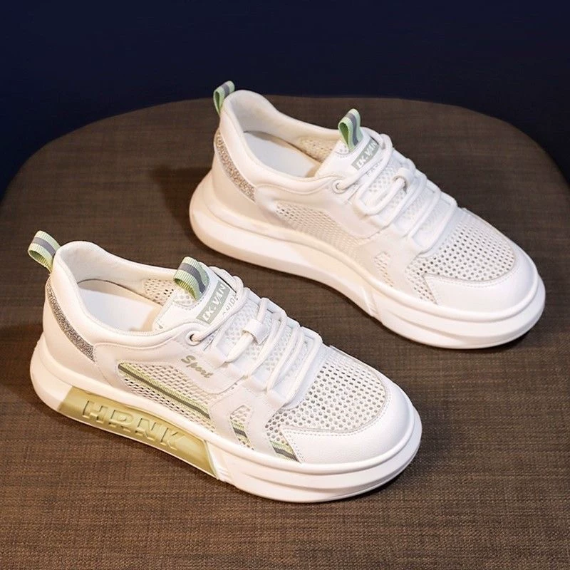 Спотовая летняя сетка дышащая толстая подошва, увеличенные маленькие белые туфли, женские плоские донные, дикие спортивные туфли, повседневная обувь папы