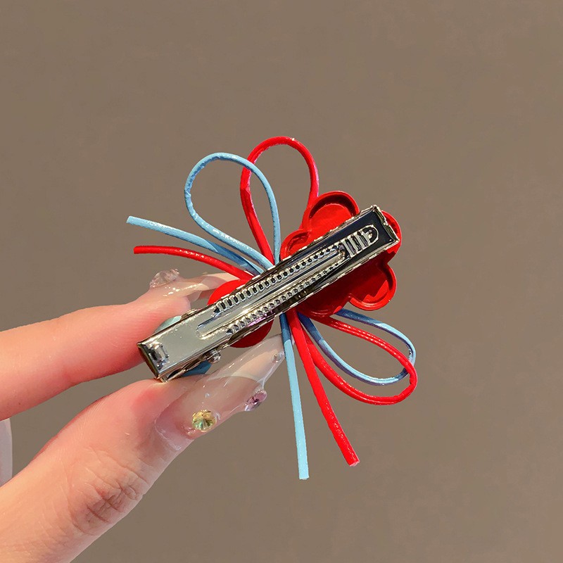 Korean Dongdaemun Sweet Red And Blue Color-Block Flower Bow Bangs Clip For Girls Tie Hairpin Hair Accessory_voghion.com